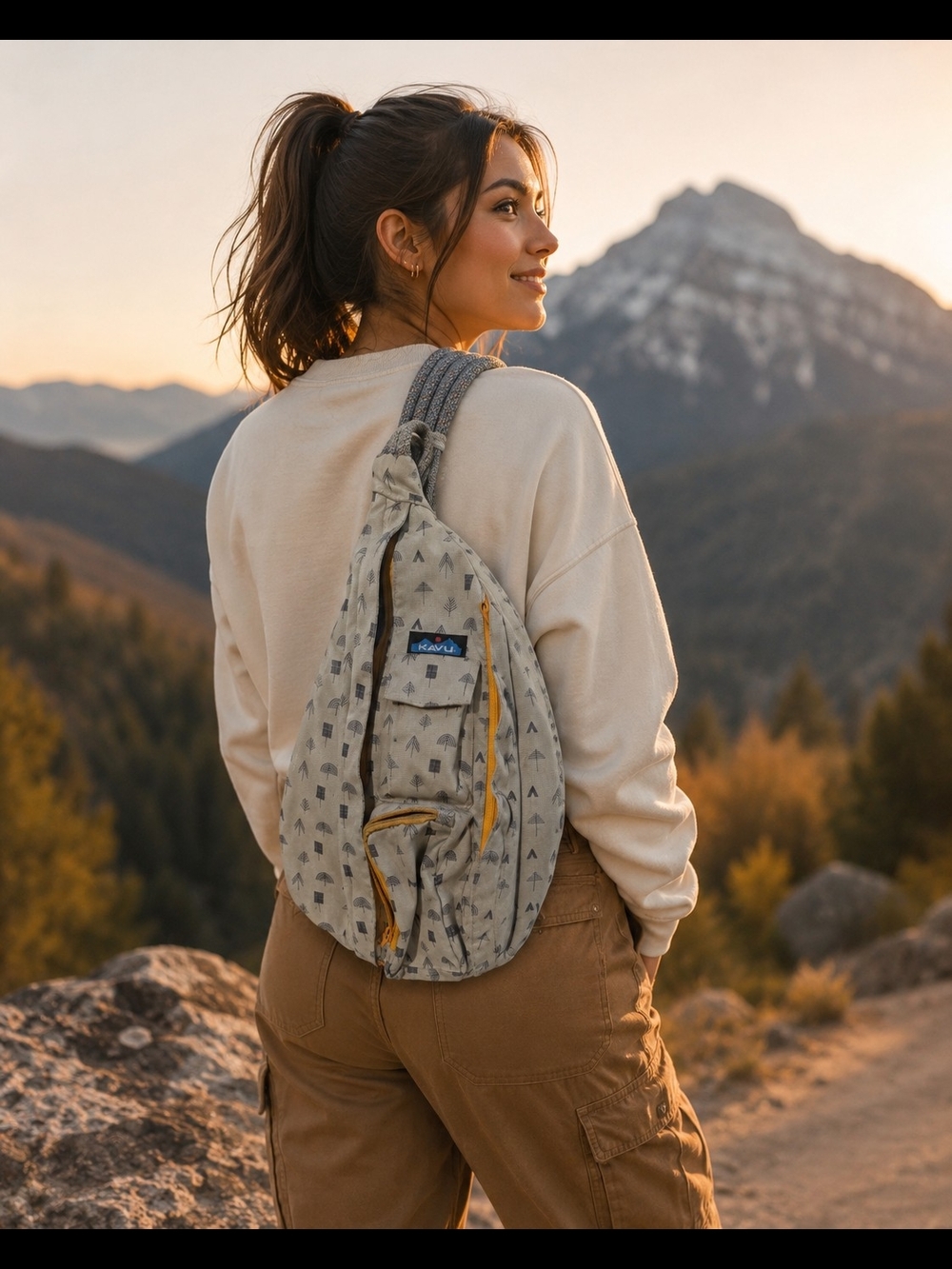 KAVU Rope Sling Bag Tan Geometric Arrow Print Yellow Zippers Crossbody Backpack
